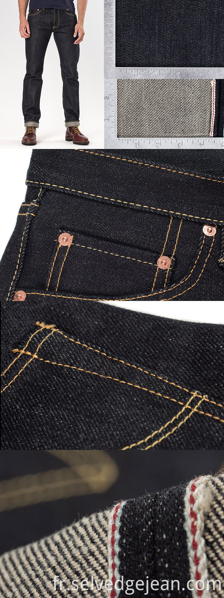 Indigo personnalisé 21-22oz Selvedge Mens Heavy Denim Slim Fusered Mid Waited Pas de jean de rétrécissement